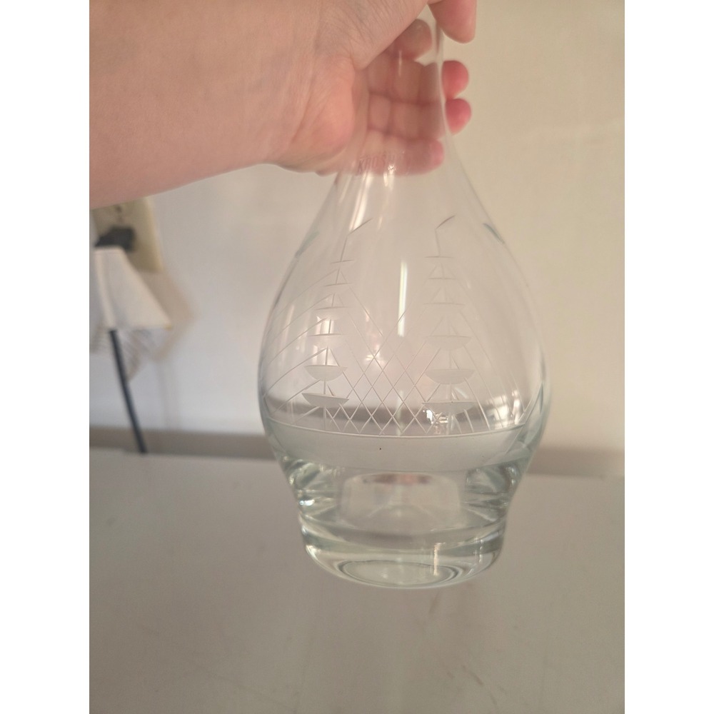 Krosno Poland Glass Ship Etched Decanter with Stopper 14.5 Inch Clear - Picture 3 of 7